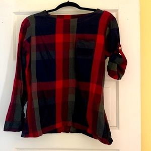 Women’s Small Long Sleeve Roll Up Red Blue Green Plaid Top Pockets Side Zip